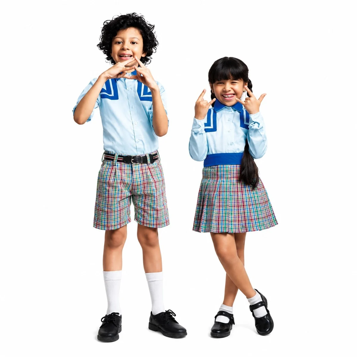 Light Blue and Plaid School Uniform Set