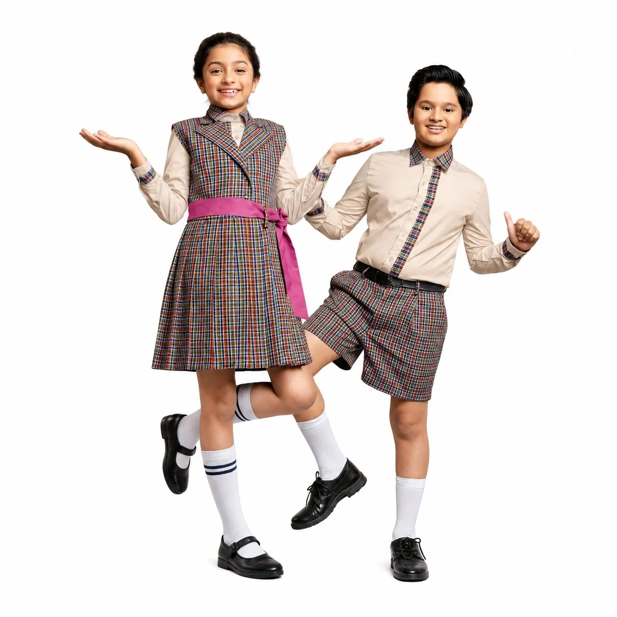 Beige and Plaid School Uniform Set