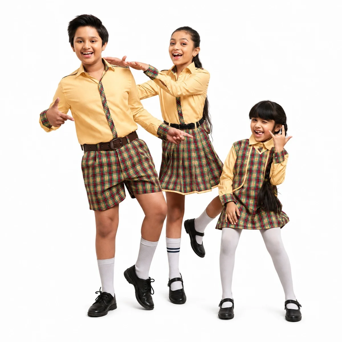 Yellow and Multi-Colour Plaid School Uniform Set
