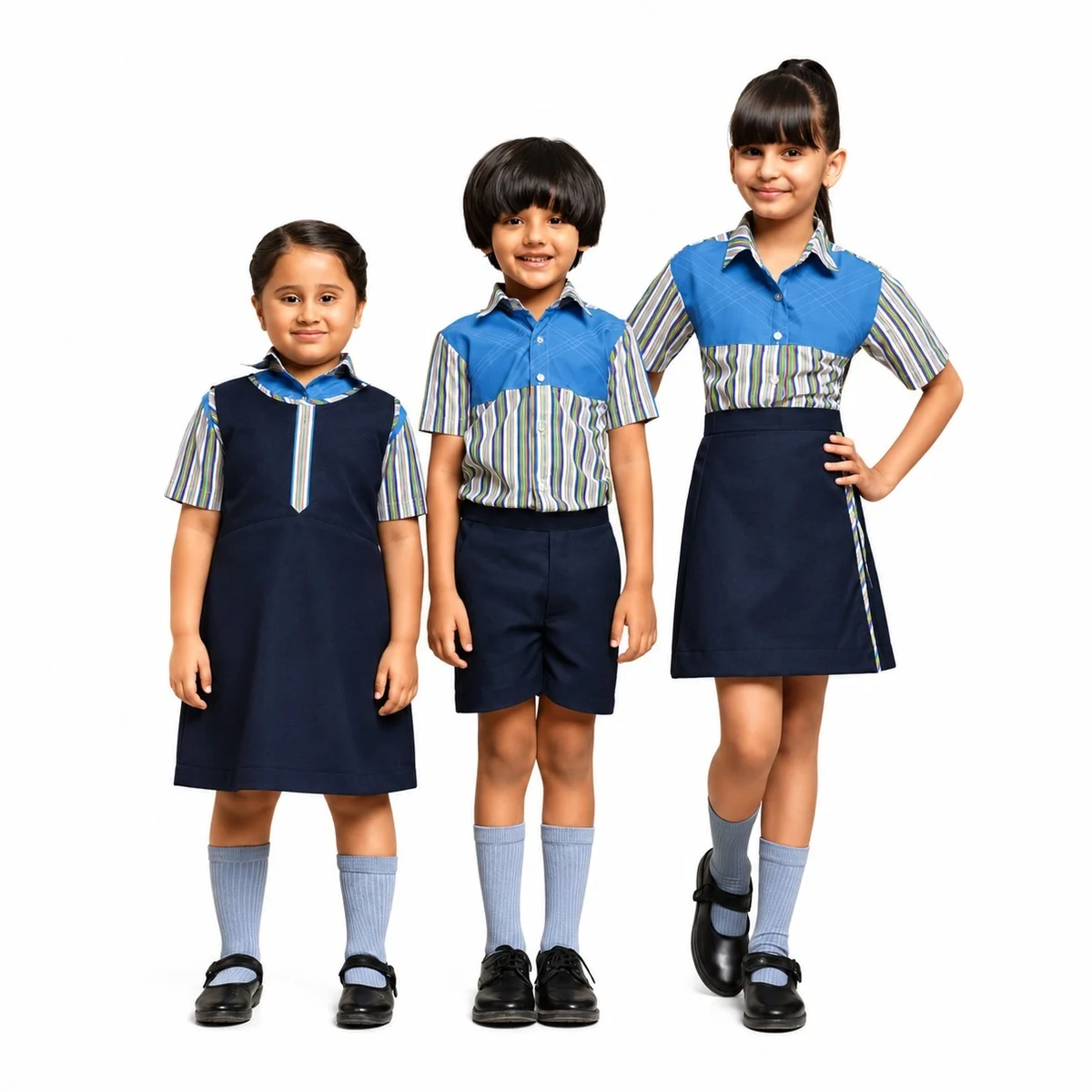 Navy Blue and Striped School Uniform Set