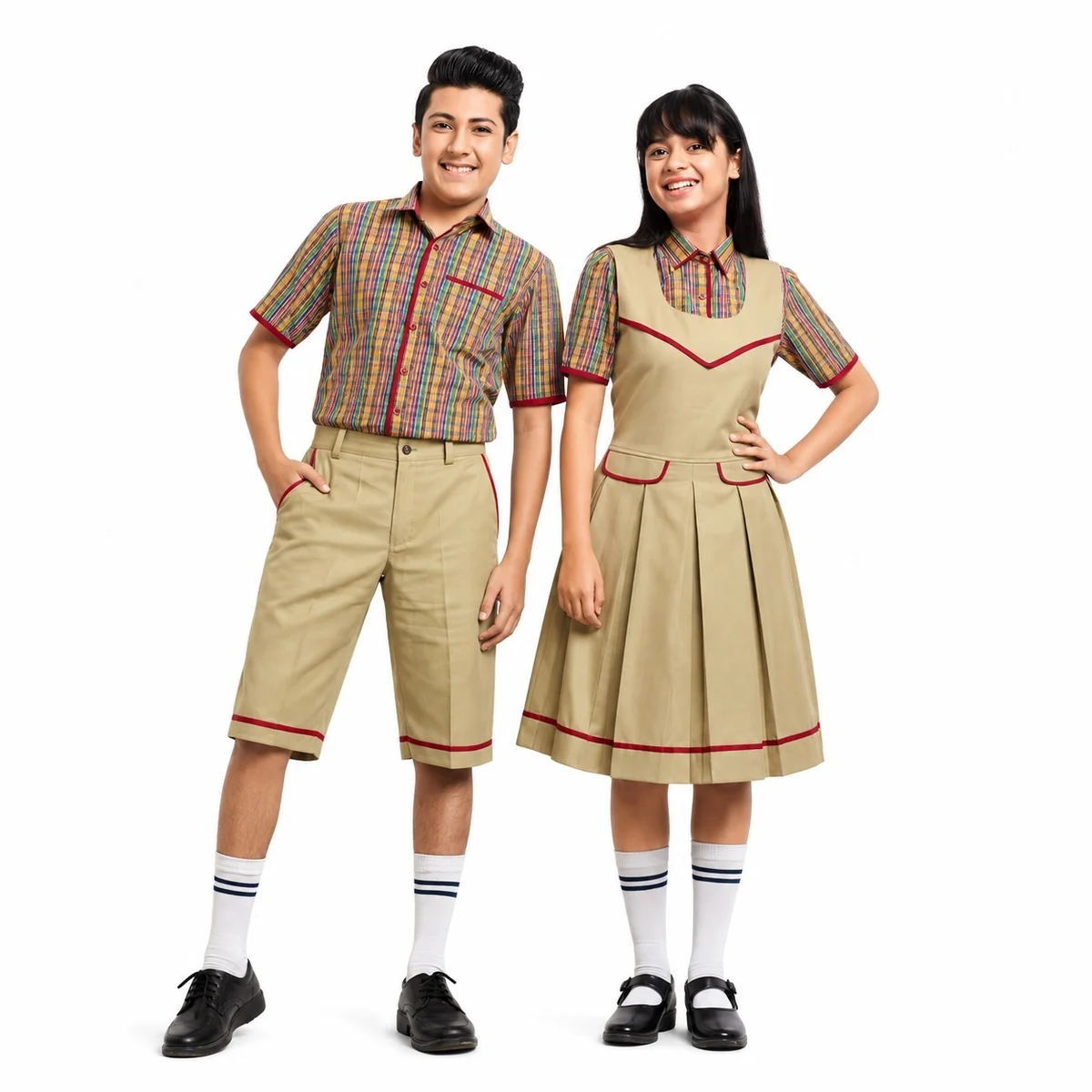 Khaki and Plaid School Uniform Set