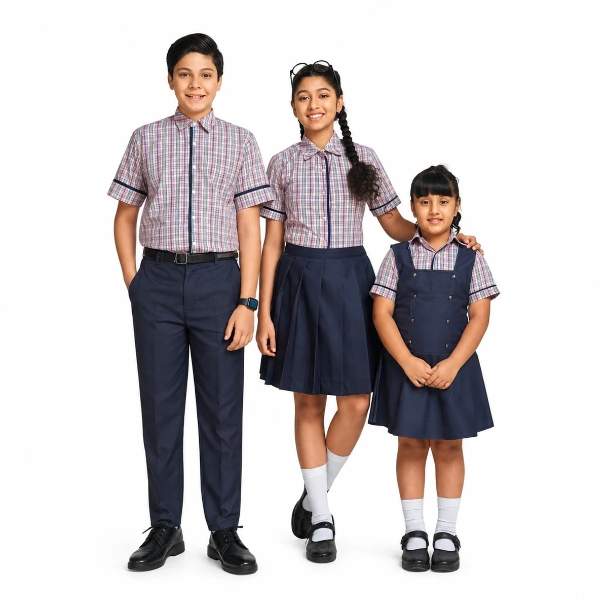 Multi-Color Plaid and Navy Blue School Uniform Set