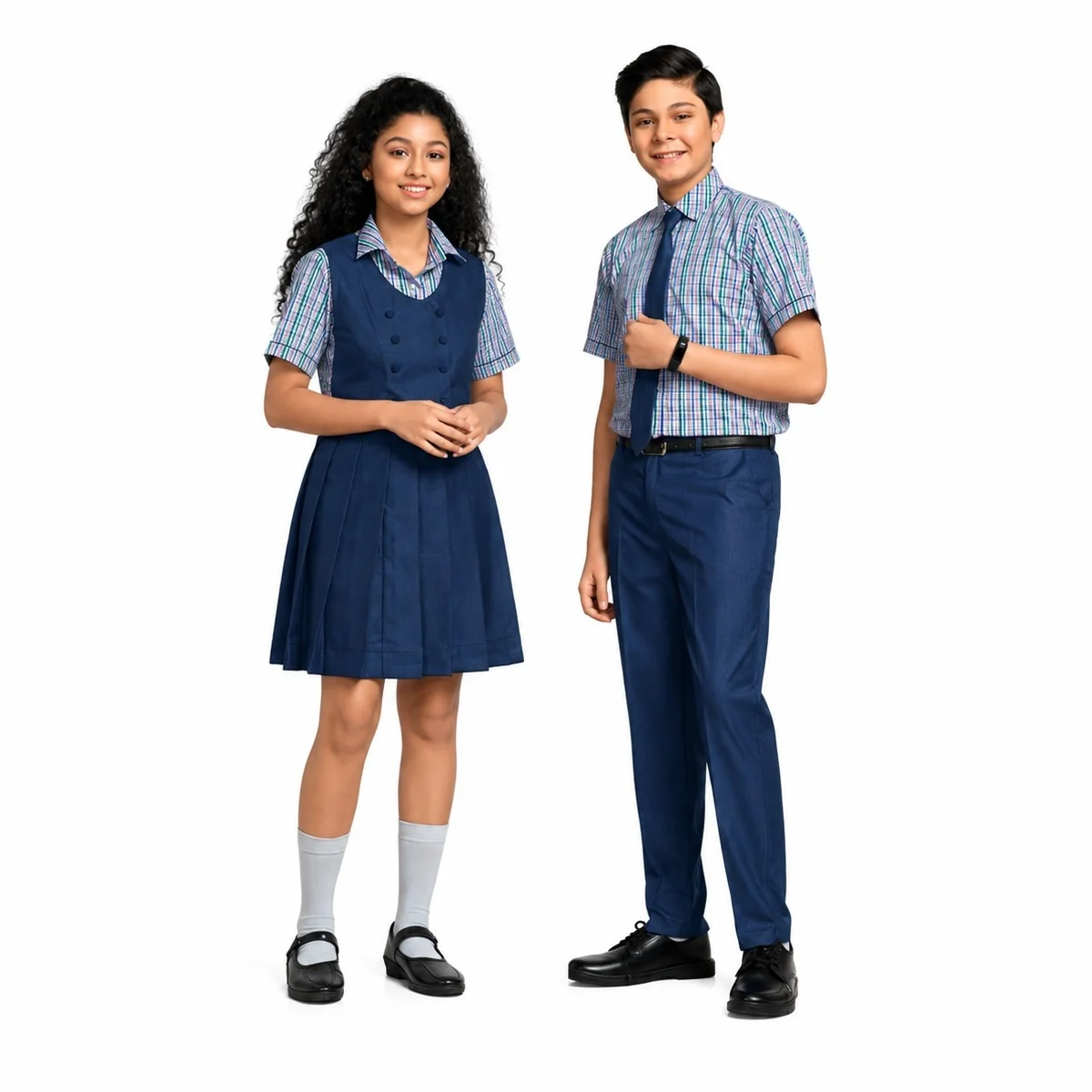 Blue and Multi-Color Check School Uniform Set