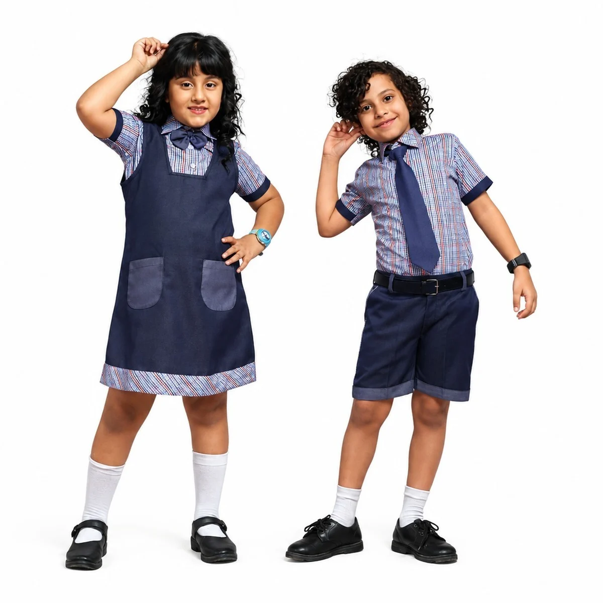 Kids School Uniform Set with Plaid Shirt and Navy Blue Bottoms
