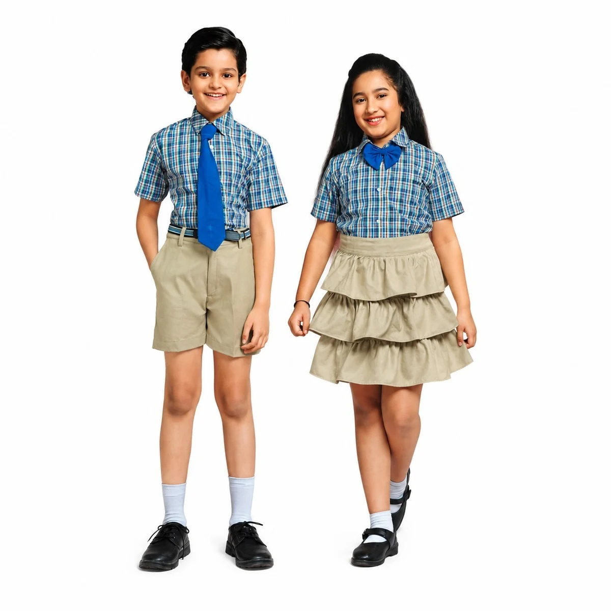 Blue Plaid and Khaki School Uniform Set