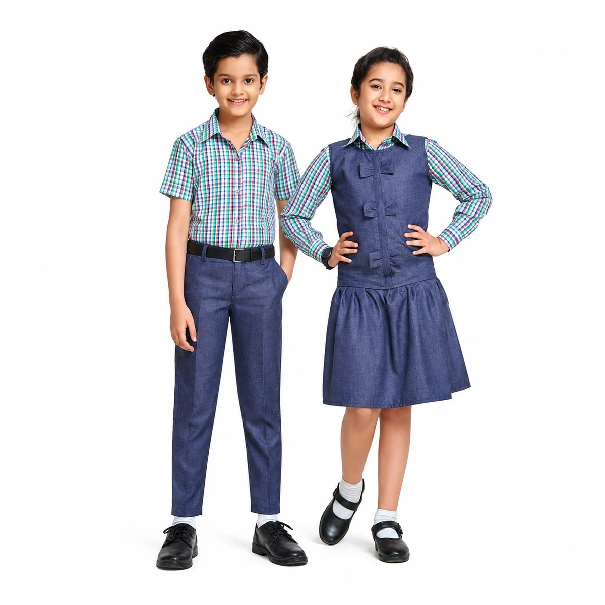 Multi-Color Plaid and Blue Childrens School Uniform Set