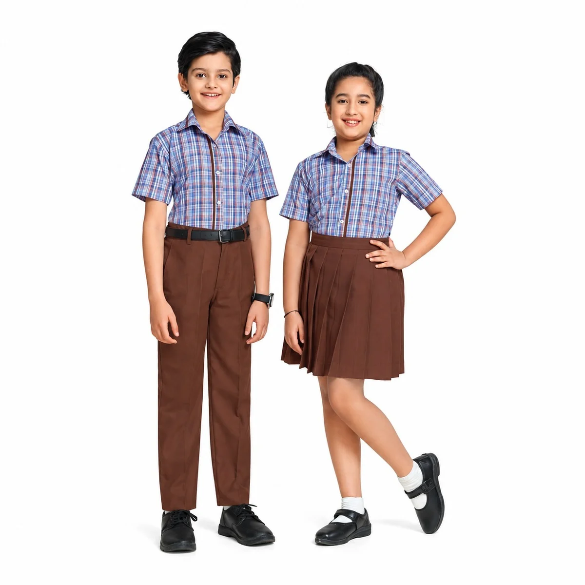 Checked Shirt and Solid Brown Bottoms School Uniform Set