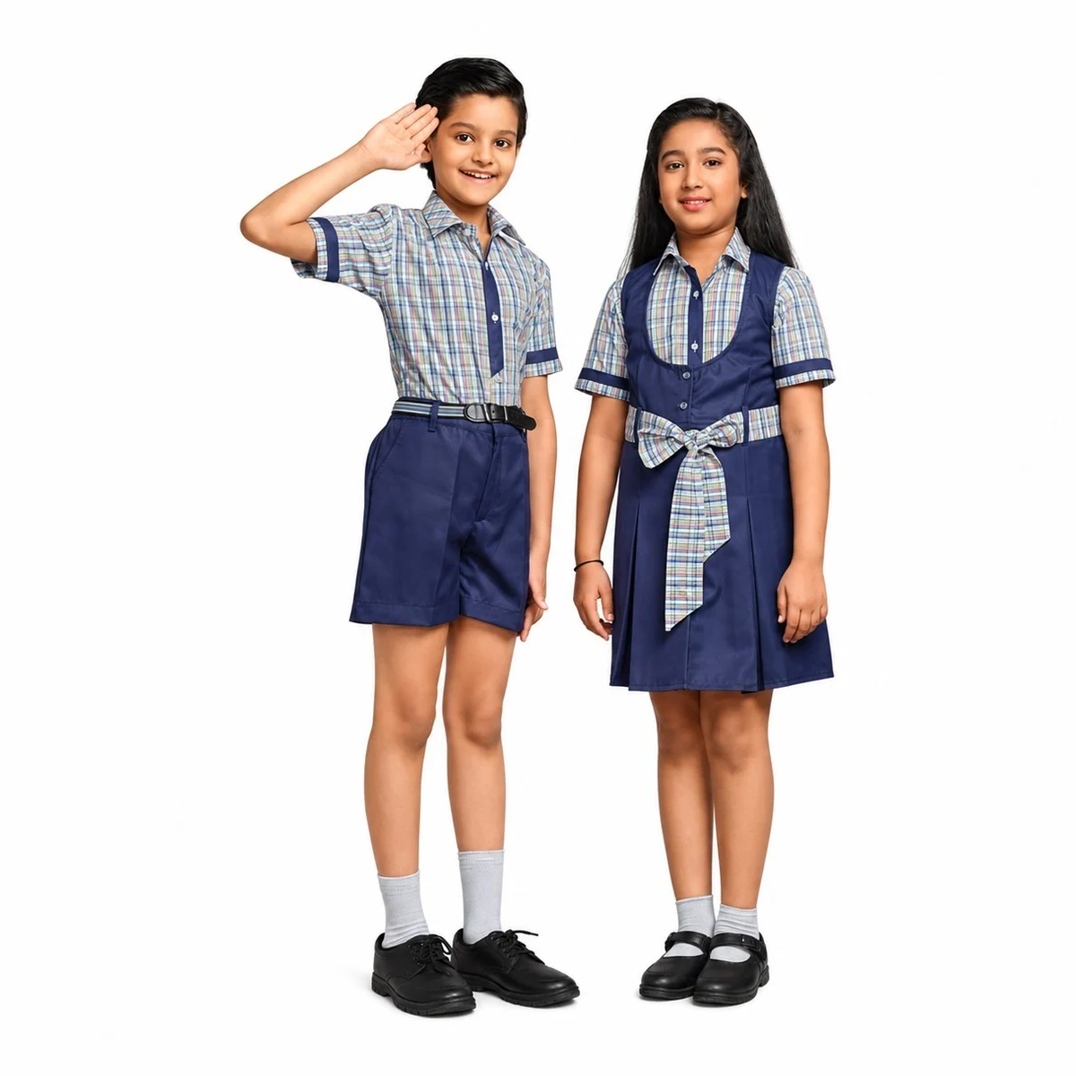 Blue and Grey Plaid School Uniform Set