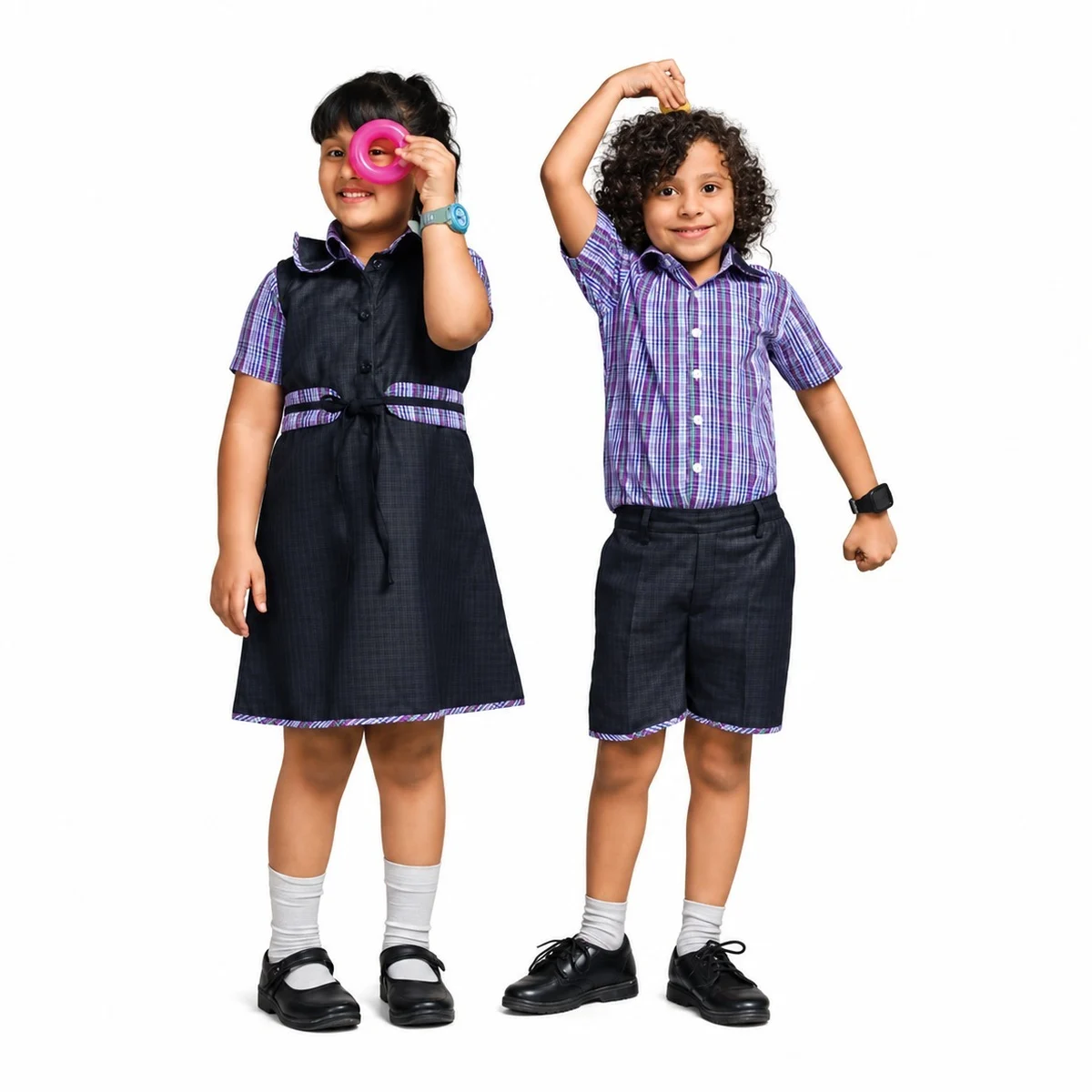 Dark Grey and Purple Plaid School Uniform Set