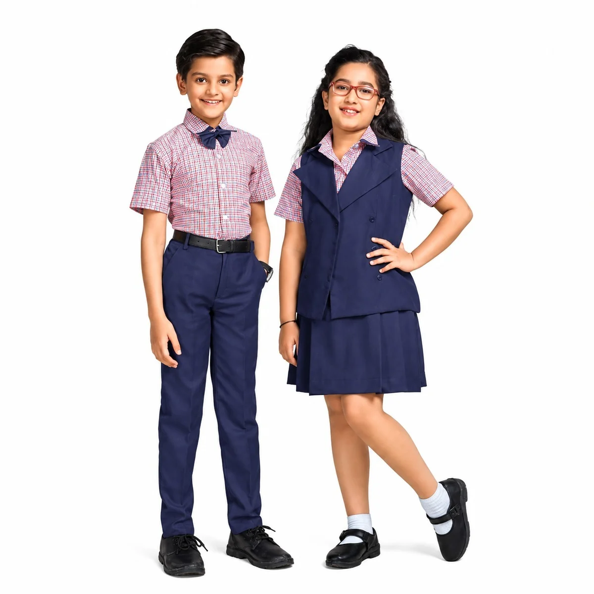 Red Checkered School Uniform Set with Navy Blue Bottoms