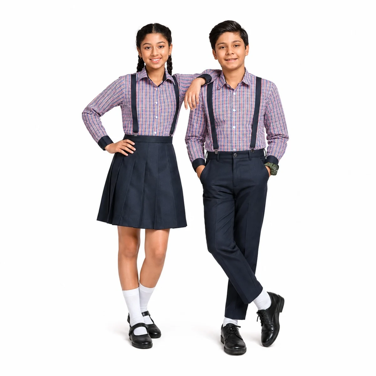 Red And Blue Checked School Uniform Set With Navy Bottoms
