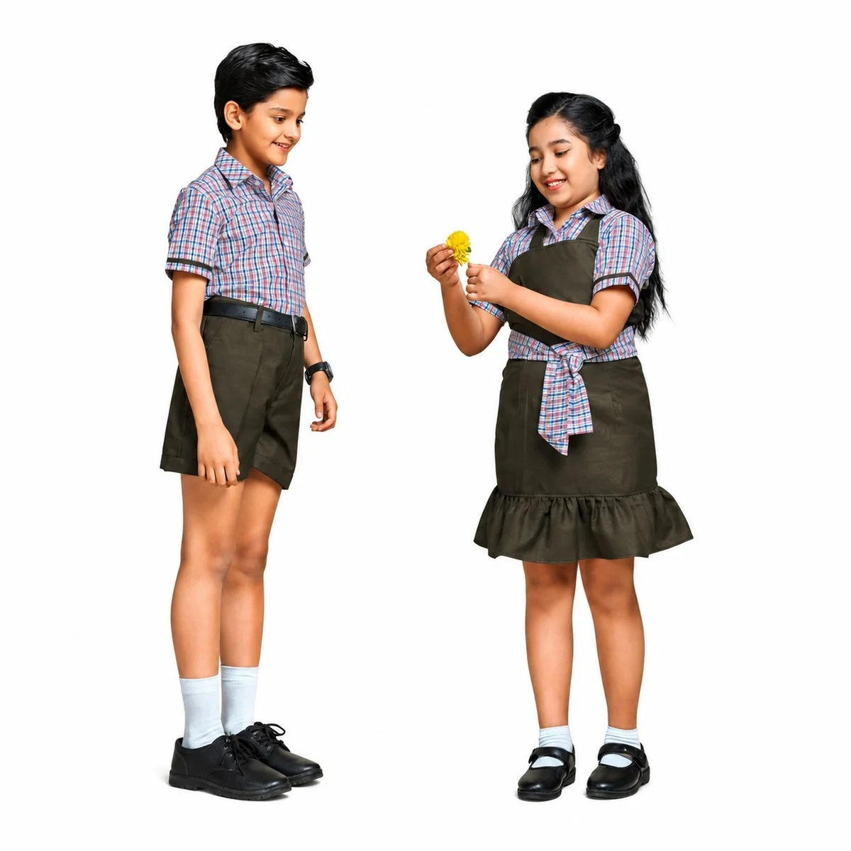 Dark Olive Green and Plaid School Uniform Set