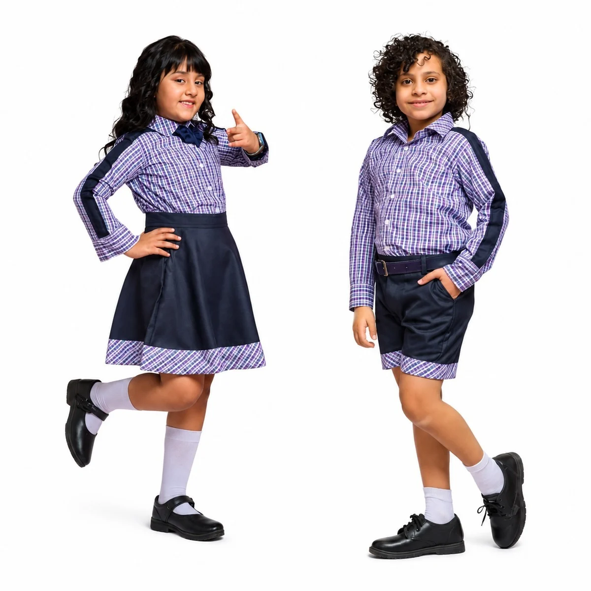 Purple Check And Navy Blue School Uniform Set