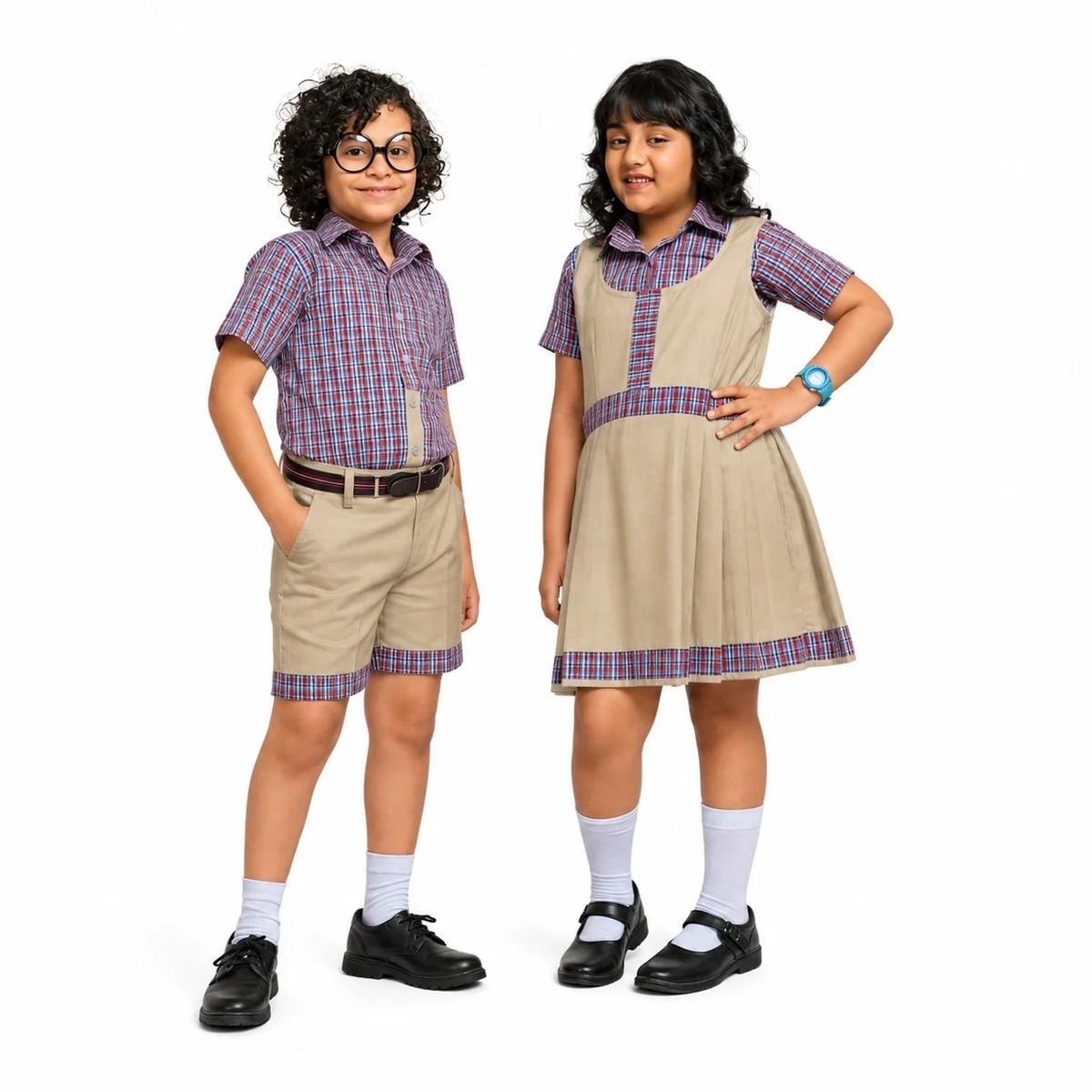 Beige and Plaid School Uniform Set