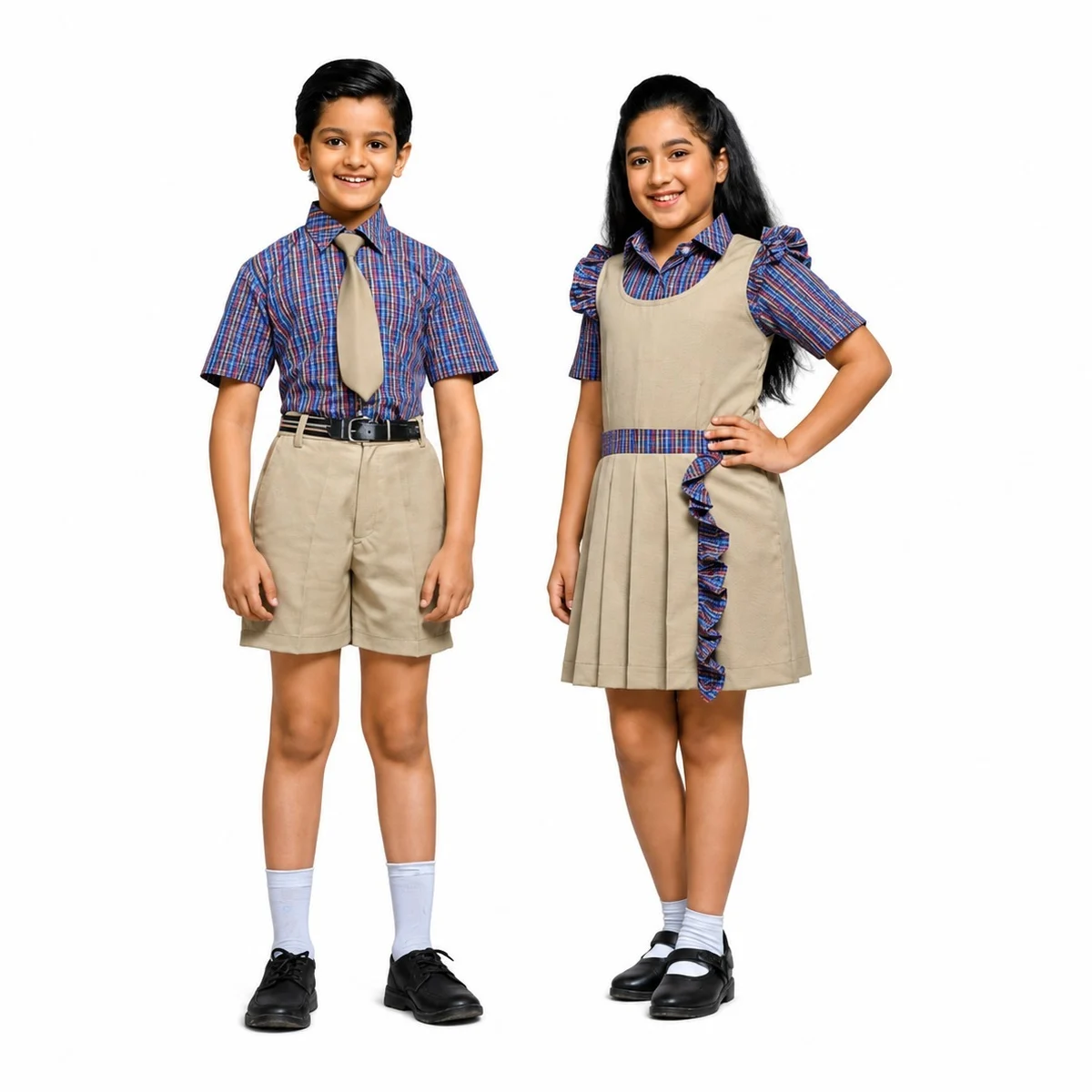 Beige and Plaid School Uniform Set