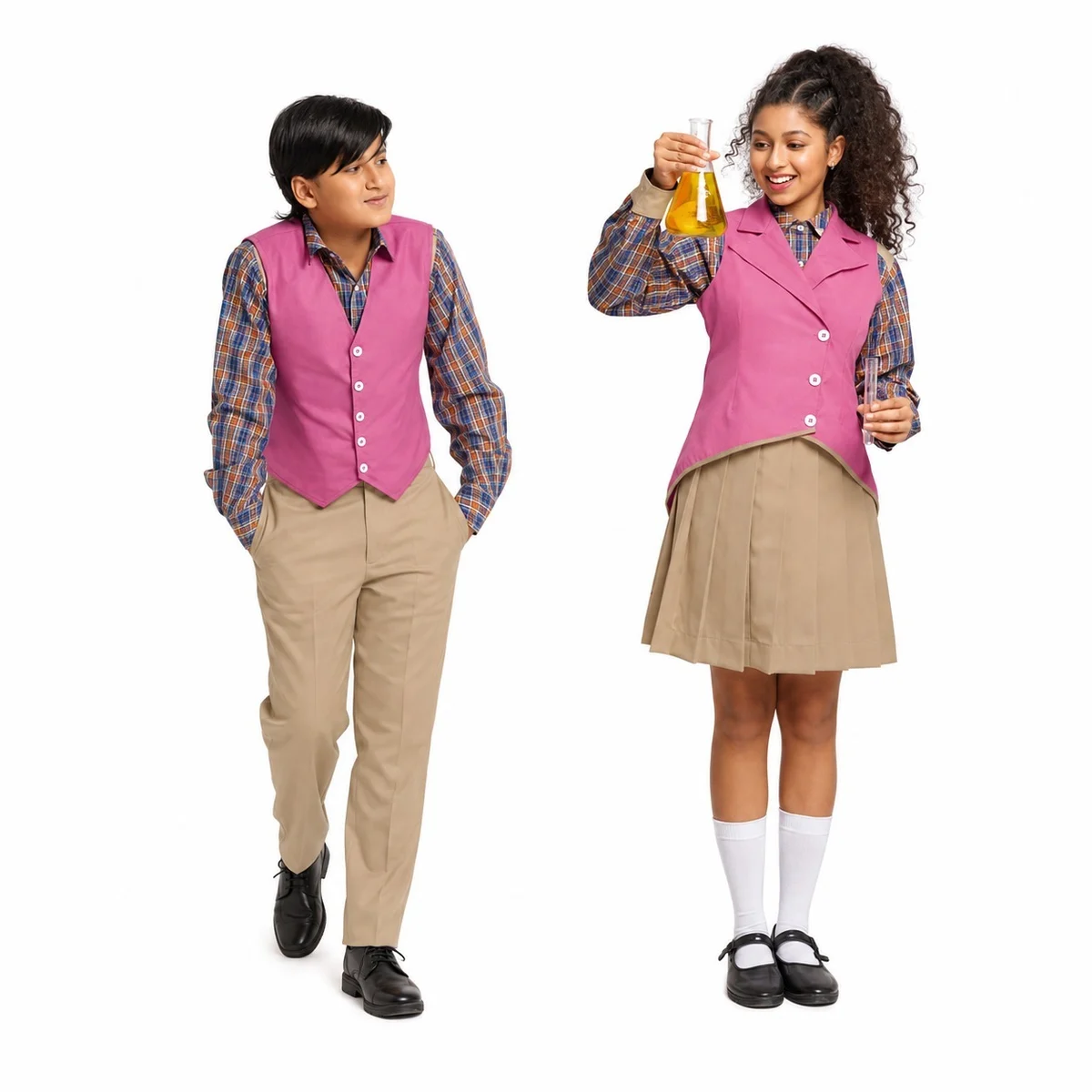 Pink Waistcoat and Plaid School Uniform Set