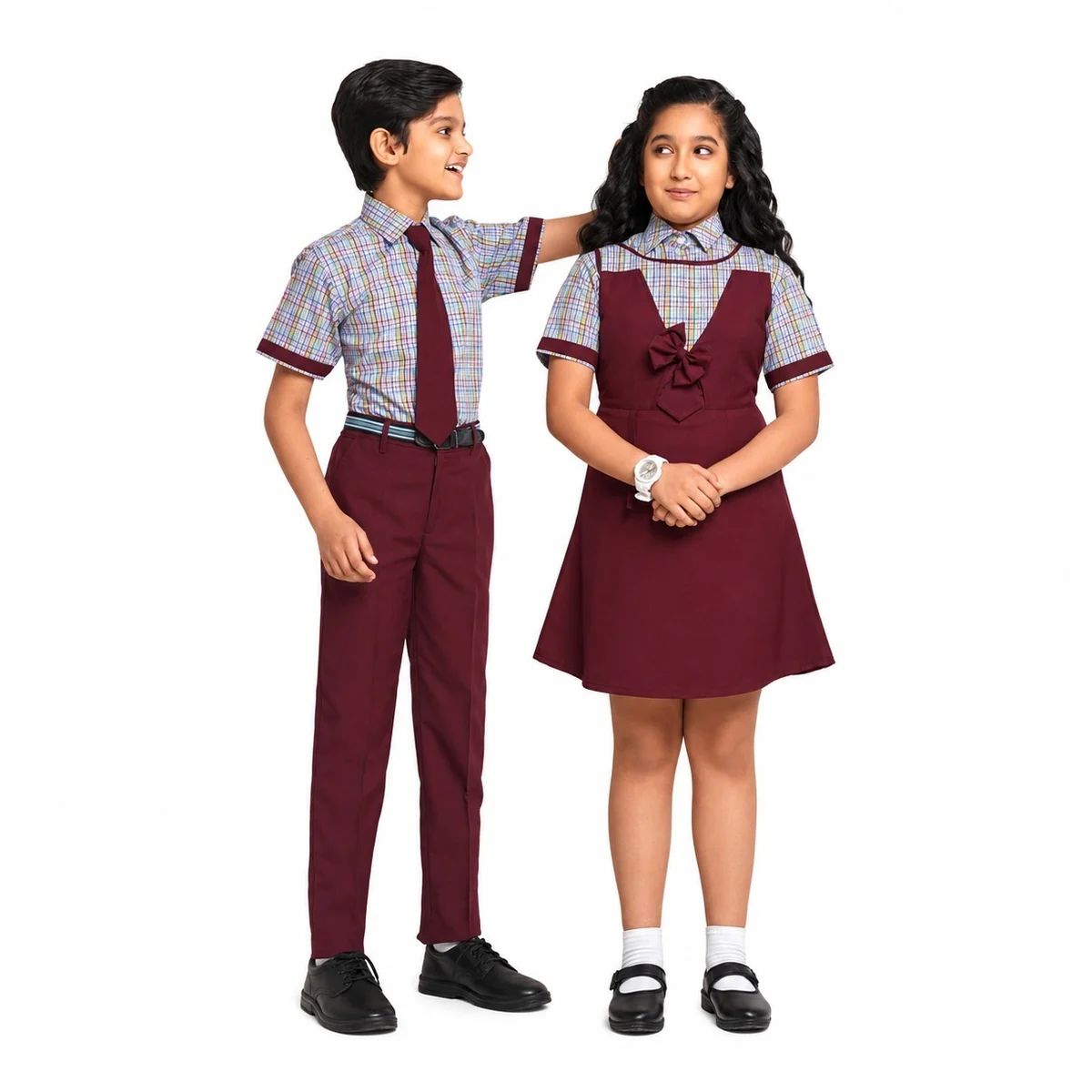 Maroon and Plaid School Uniform Set