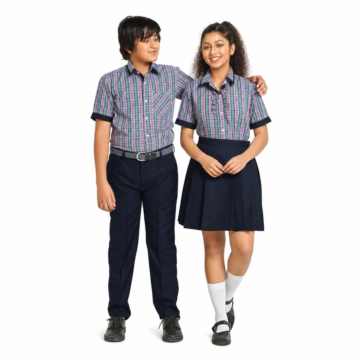 Multi-Color Plaid and Navy Blue School Uniform Set