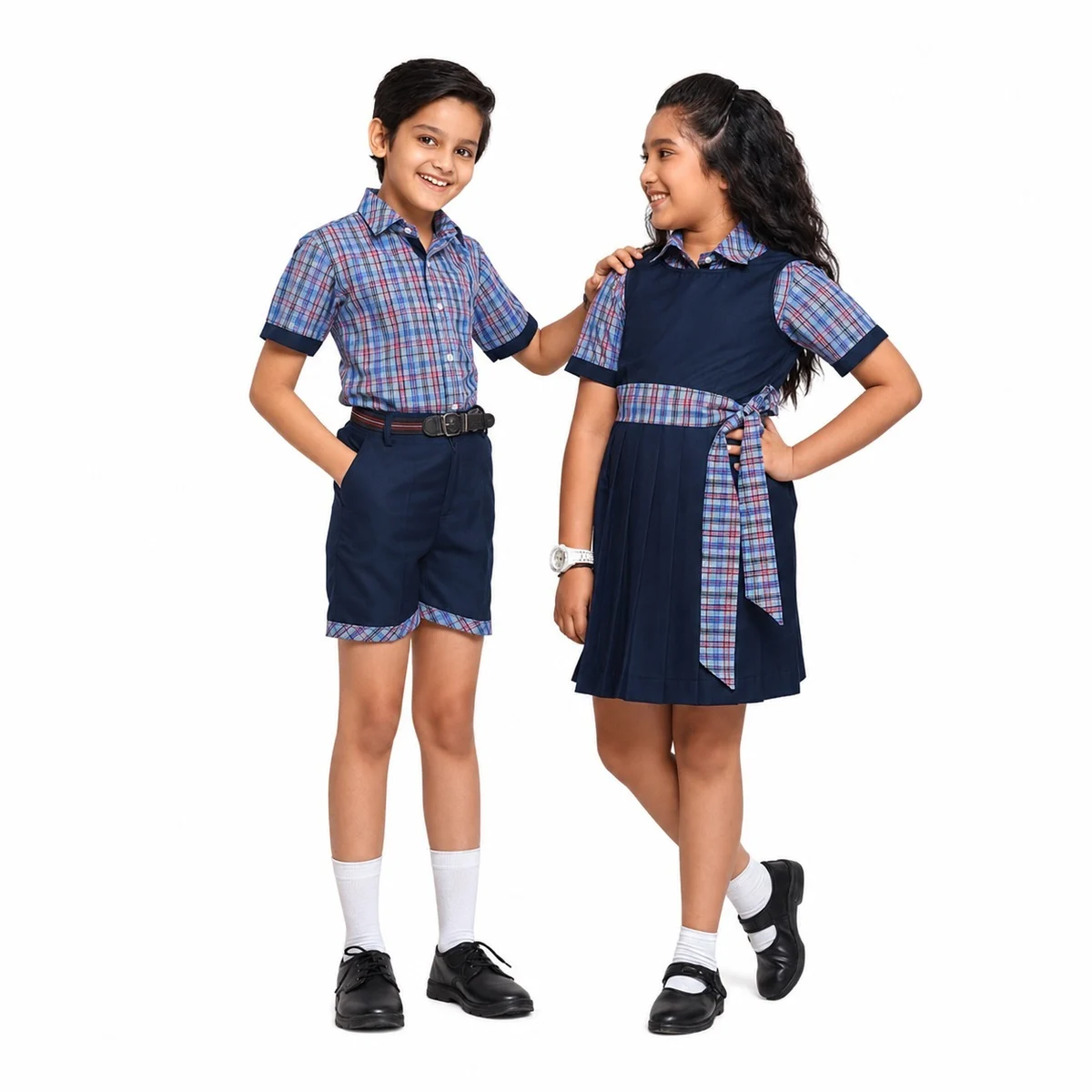 Navy Blue and Plaid School Uniform Set
