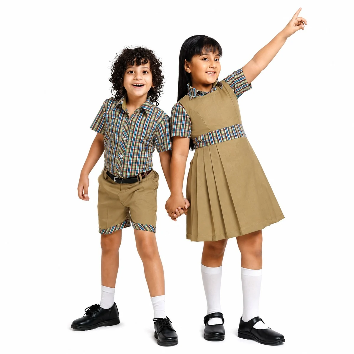 Coordinated Khaki and Plaid School Uniform Set