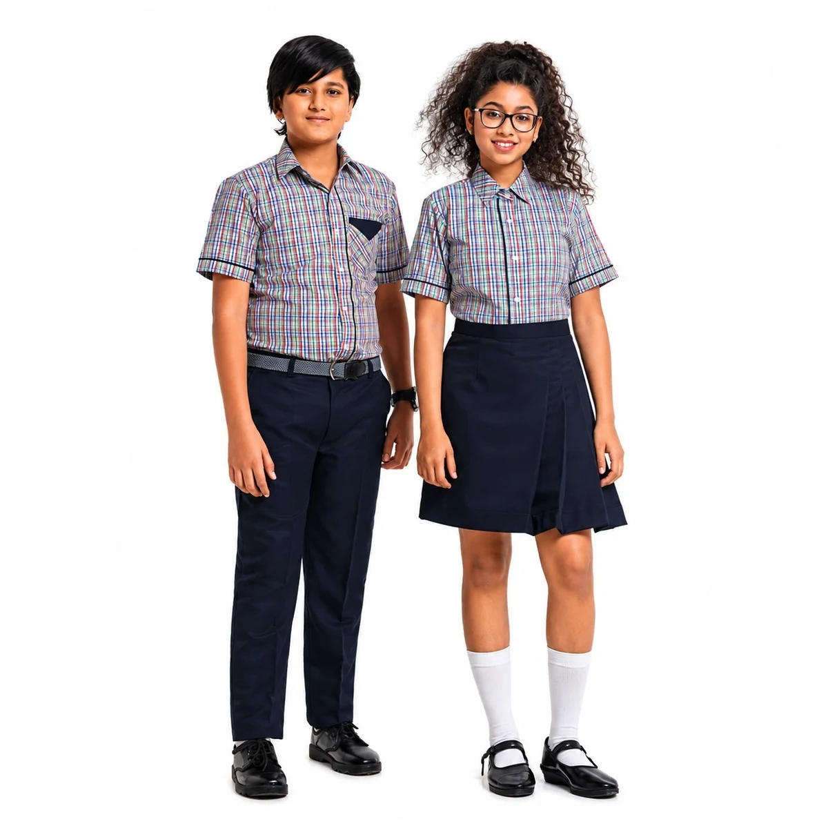 Multi-Color Plaid and Navy Blue School Uniform Set