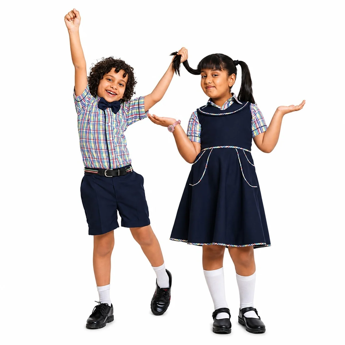 Navy Blue and Plaid School Uniform Set