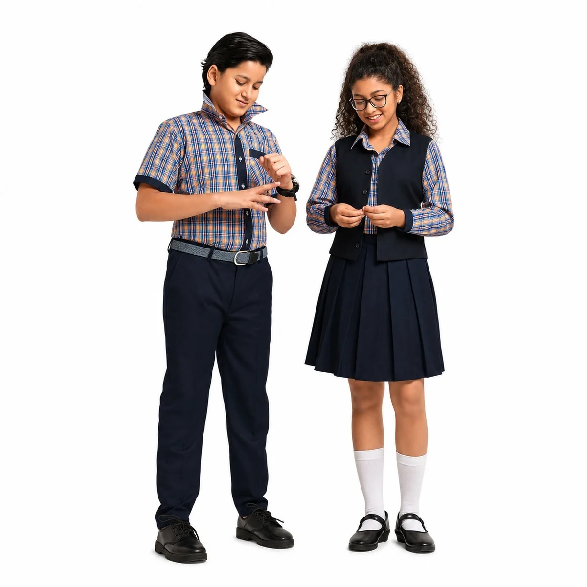 Blue and Orange Checked School Uniform Set