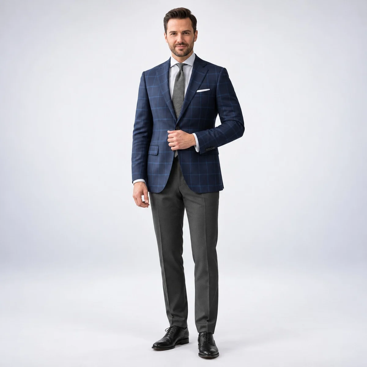 Mens Navy Blue Checked Corporate Suit Set
