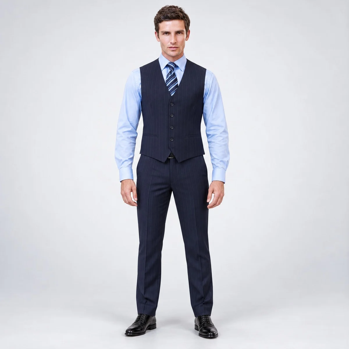 Navy Blue Pinstripe Three-Piece Corporate Suit