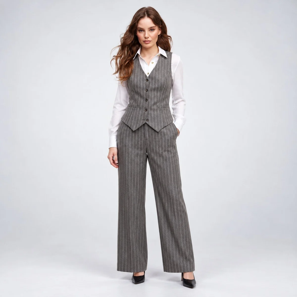 Womens Grey Pinstripe Three-Piece Corporate Suit Set