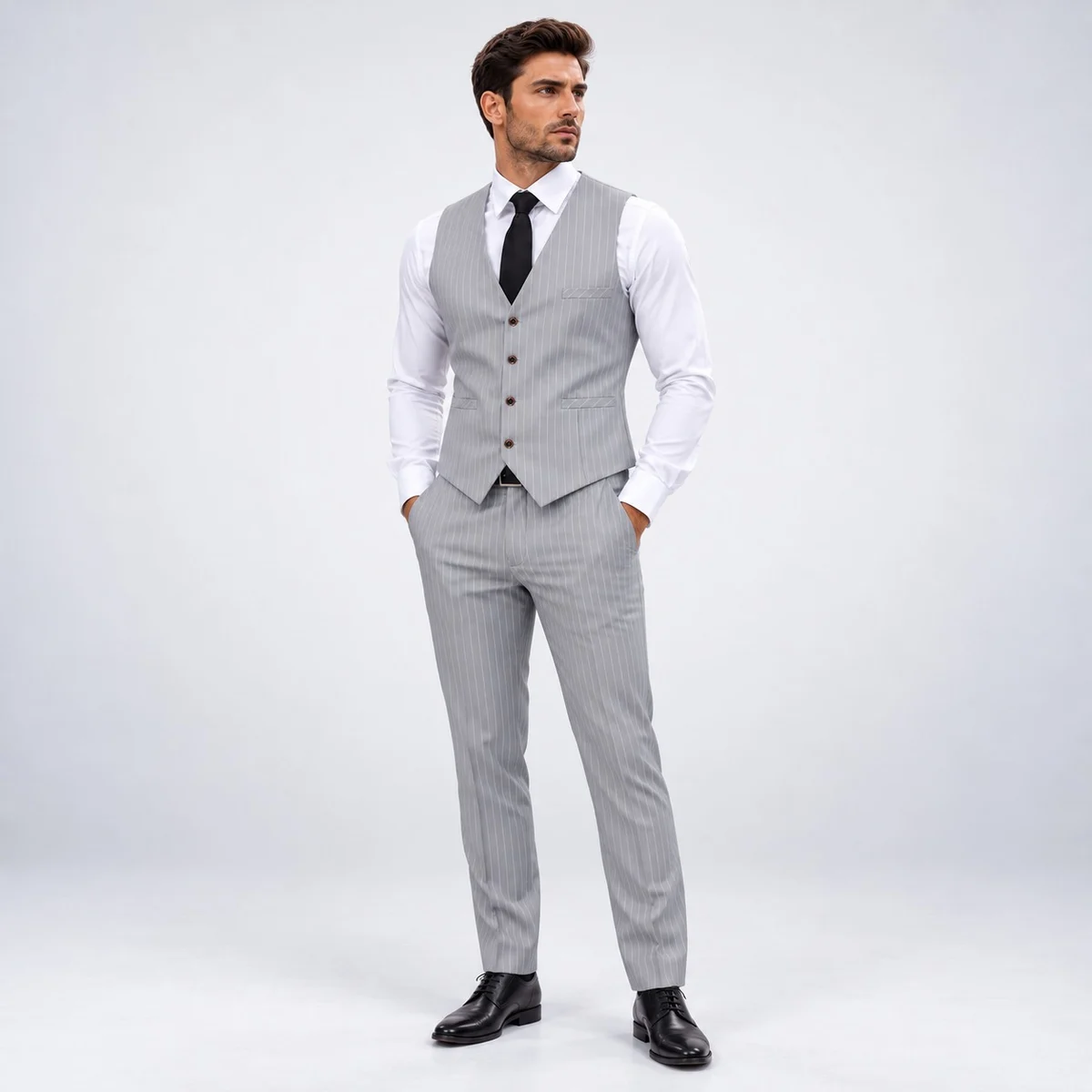 Mens Grey Pinstripe Vest and Trouser Set