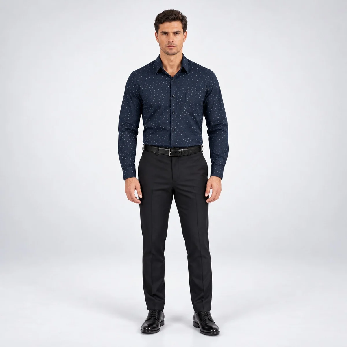 Mens Navy Patterned Corporate Shirt and Black Trouser Set