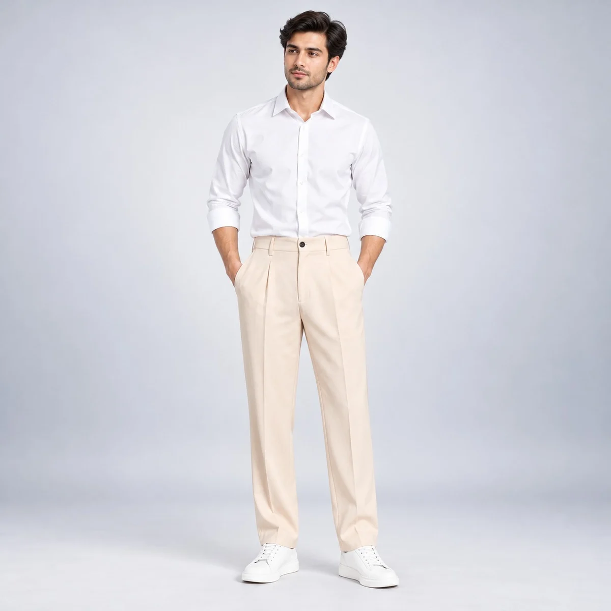 Mens Corporate Uniform Set with White Shirt and Beige Trousers