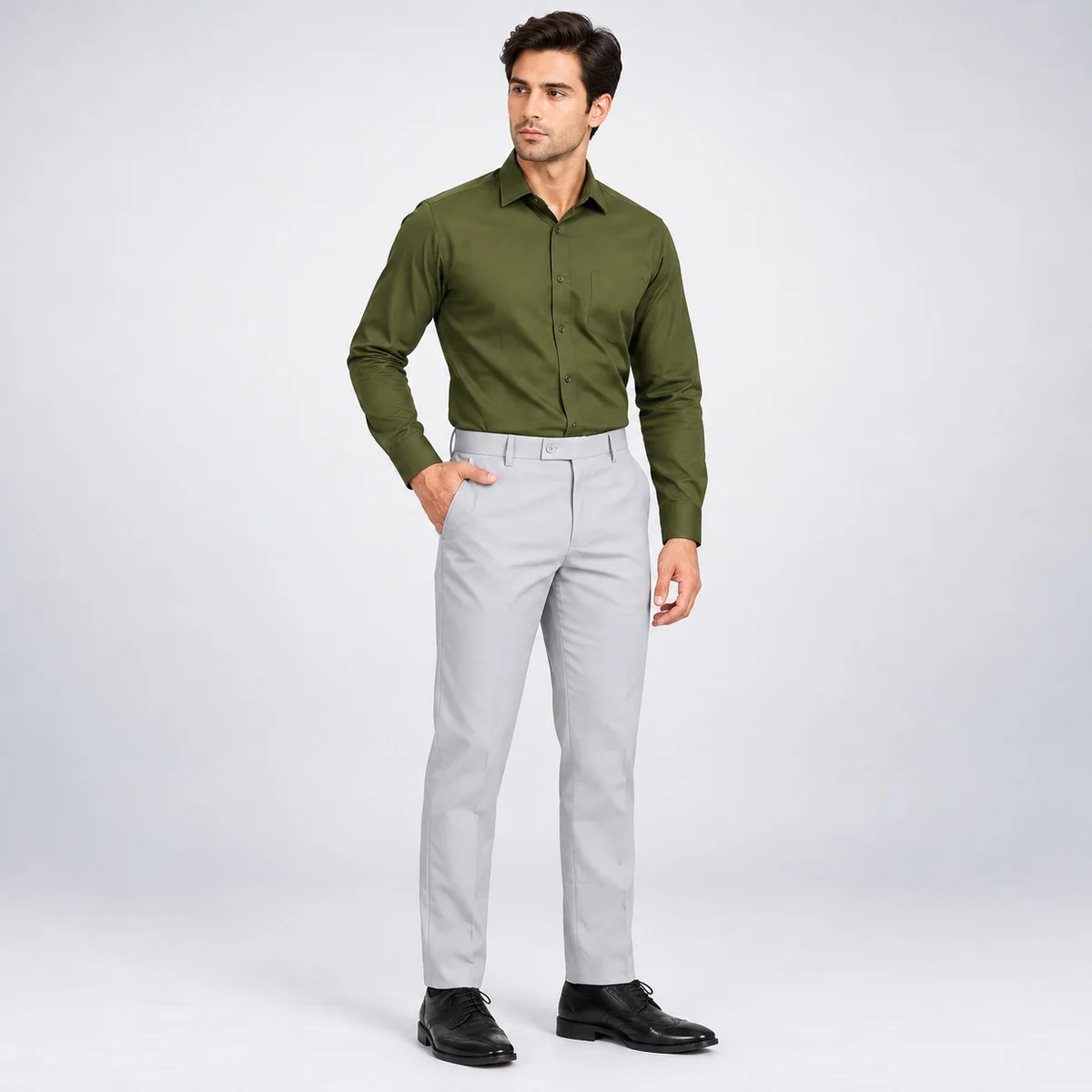 Mens Corporate Olive Shirt and Grey Trouser Set