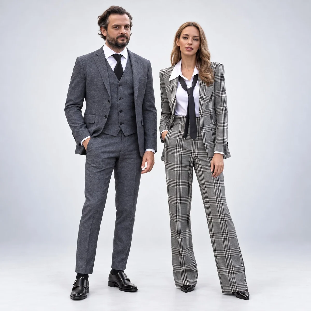 Grey Corporate Three-Piece and Plaid Suit Set