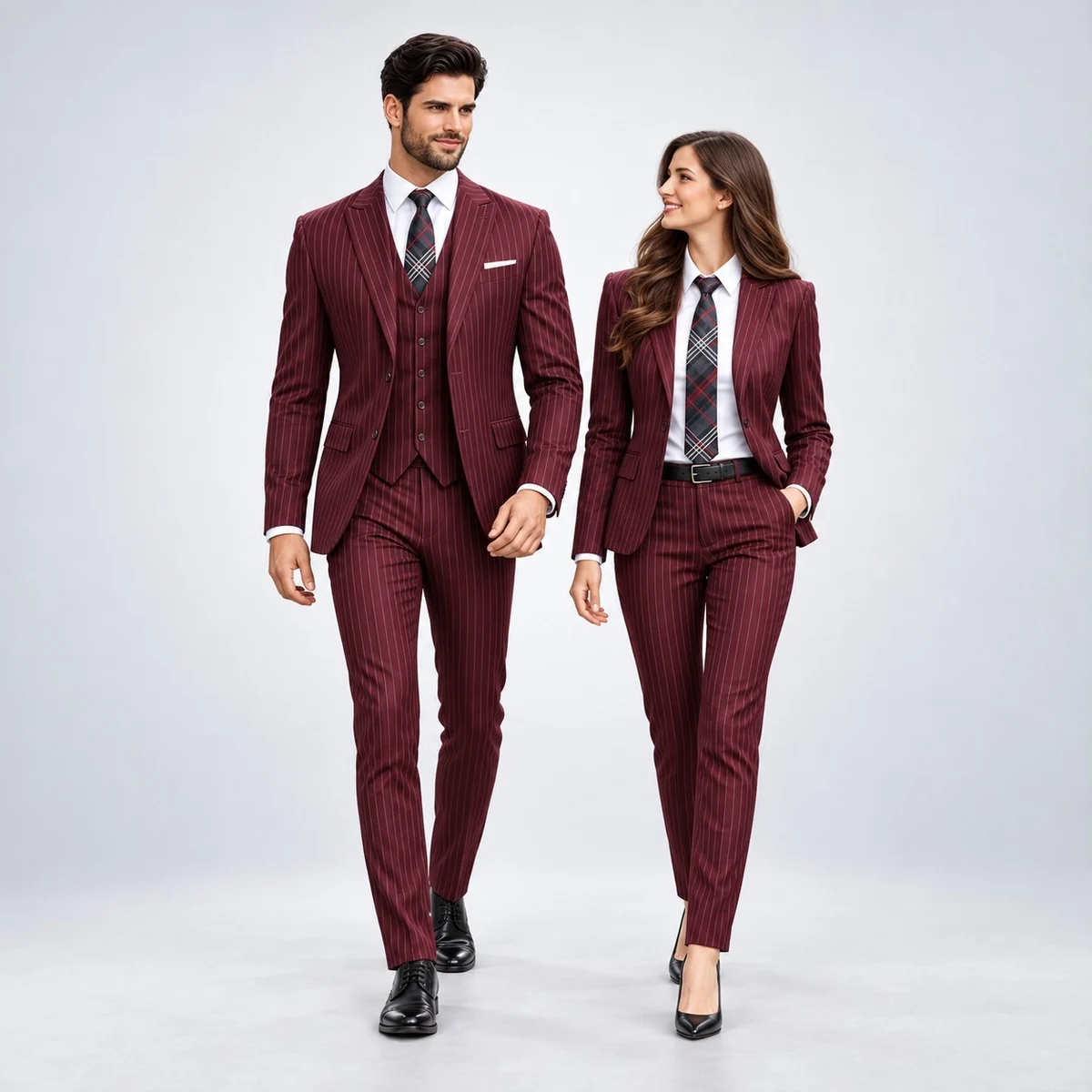 Maroon Pinstripe Corporate Three-Piece Suit Set