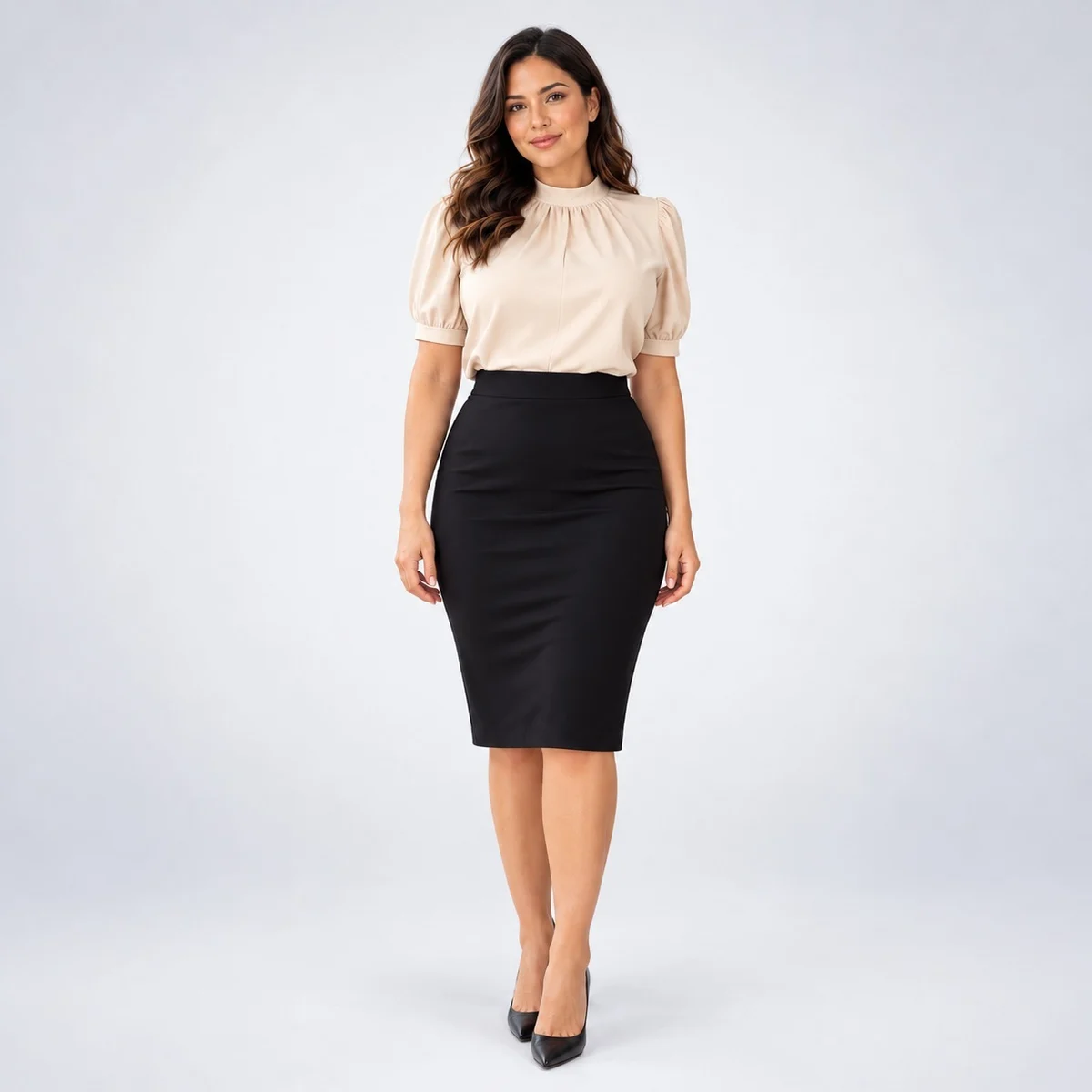 Beige and Black Women Corporate Blouse and Skirt Set