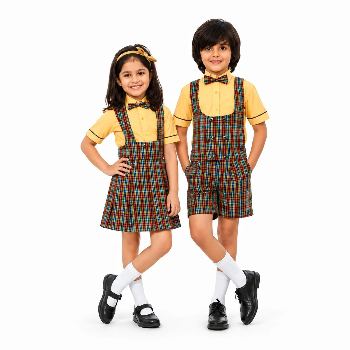 Childrens Yellow and Plaid School Uniform Set