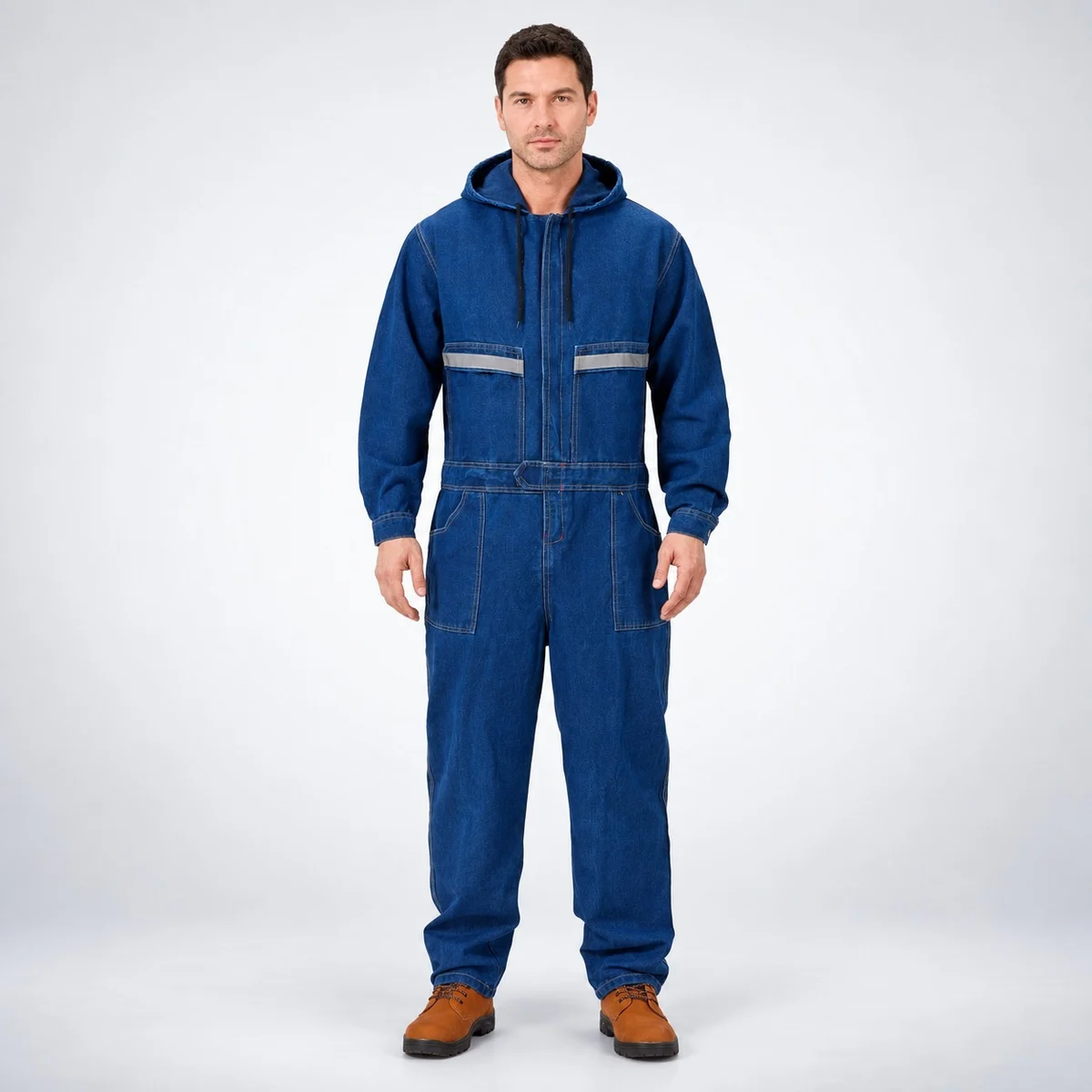 Mens Blue Denim Industrial Coverall with Hood