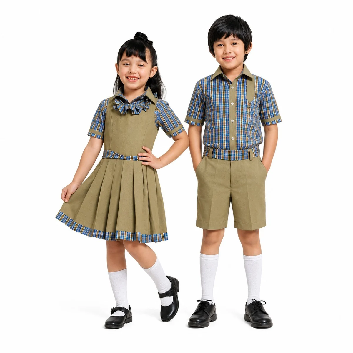 Olive Green and Plaid School Uniform Set