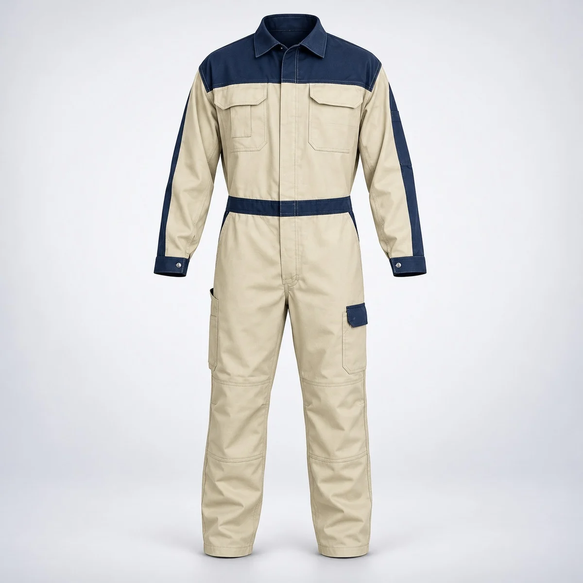 Beige and Navy Blue Cotton Twill Industrial Coverall