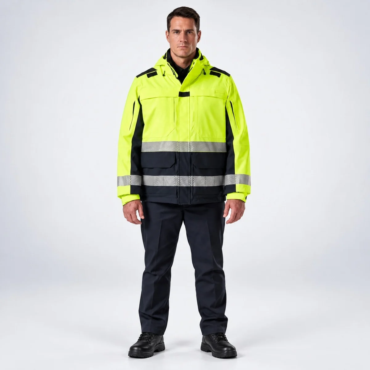 Neon Yellow And Navy Blue High-Vis Industrial Jacket And Trouser Set