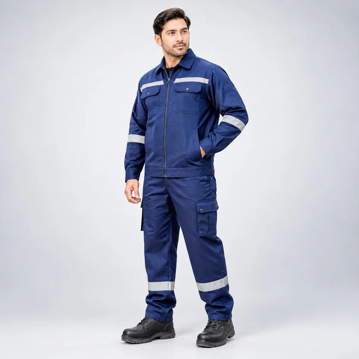 Navy Blue Industrial Uniform Set with Reflective Tape