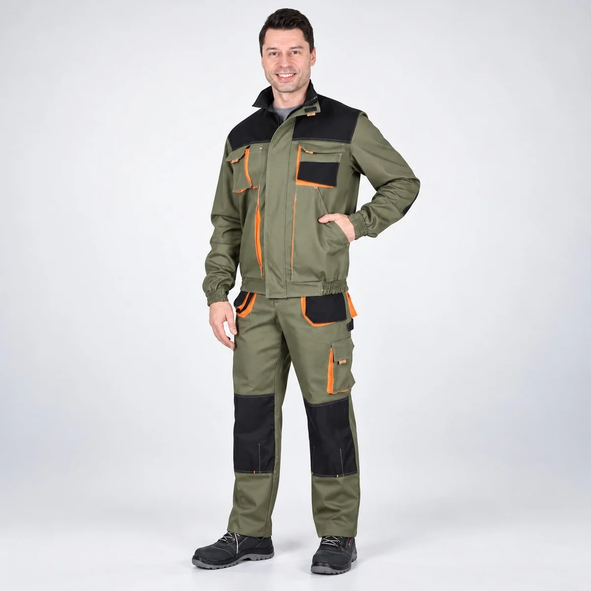 Olive Green Industrial Workwear Set with Black Accents