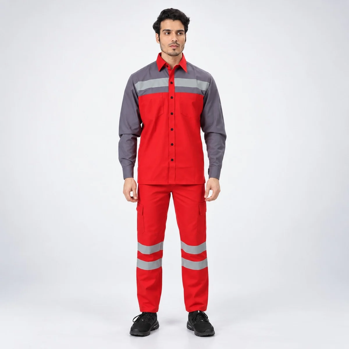Red and Grey Industrial Workwear Set with Reflective Tape