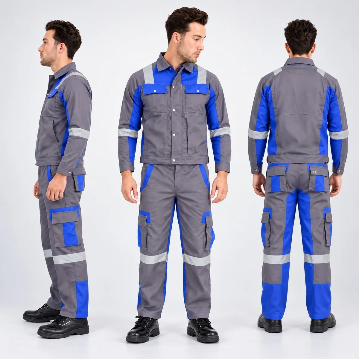 Grey and Blue Industrial Uniform Set with Reflective Tape