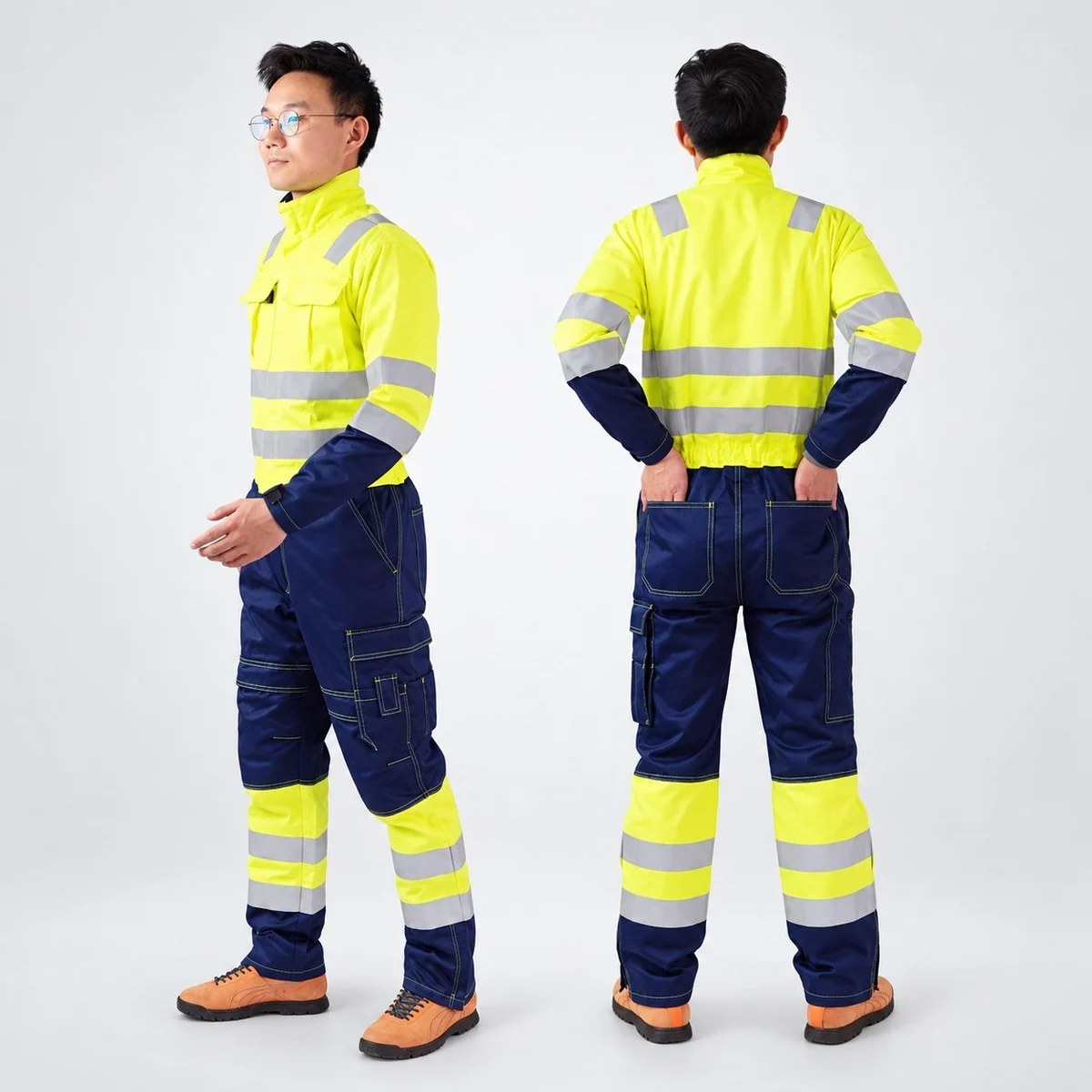 High-Visibility Neon Yellow and Navy Blue Safety Coverall
