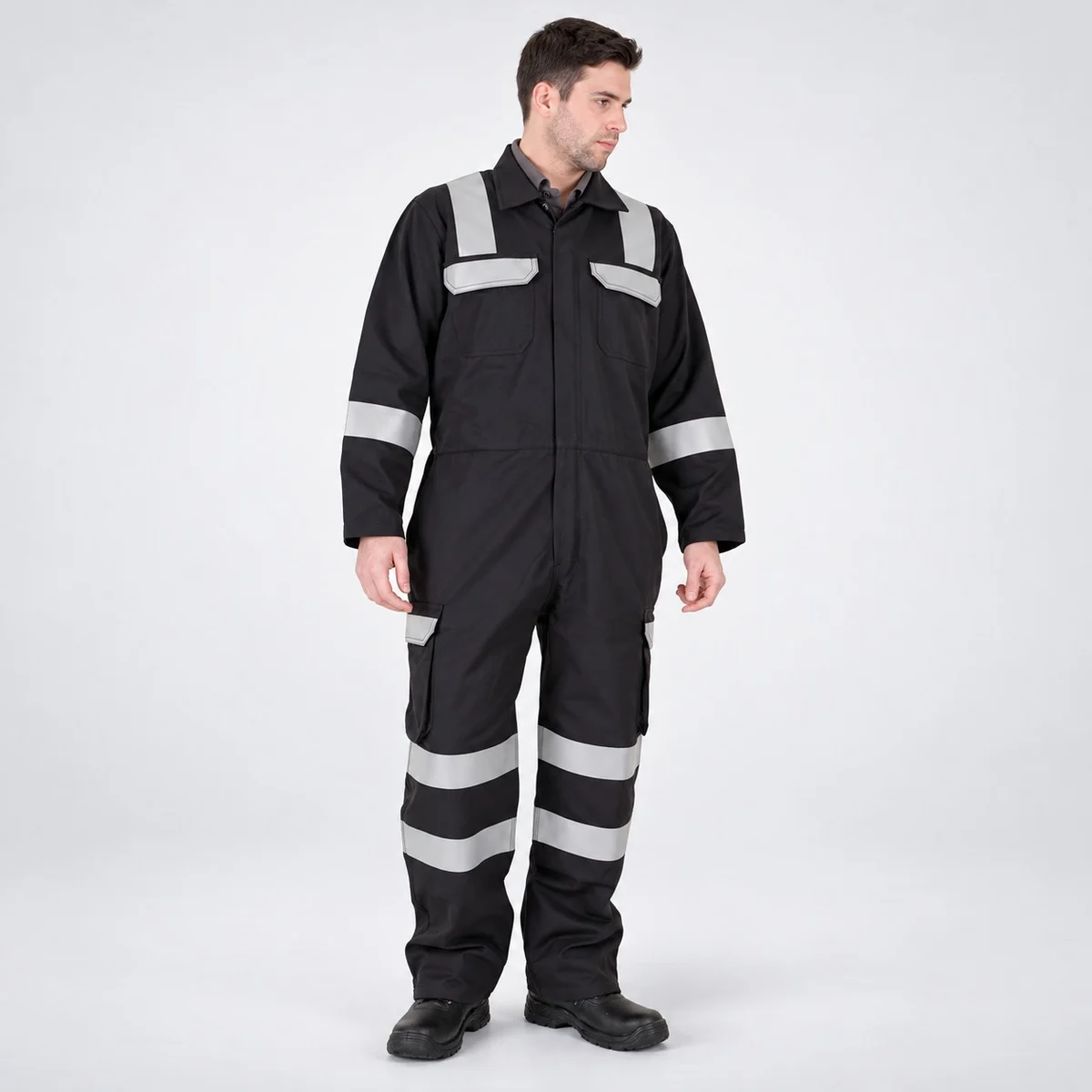 Black Industrial Safety Coverall with Reflective Tape