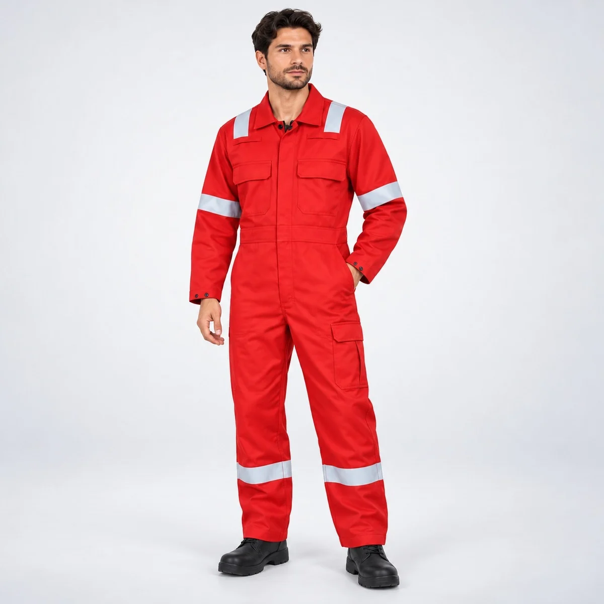 Red Industrial Safety Coverall with Reflective Strips
