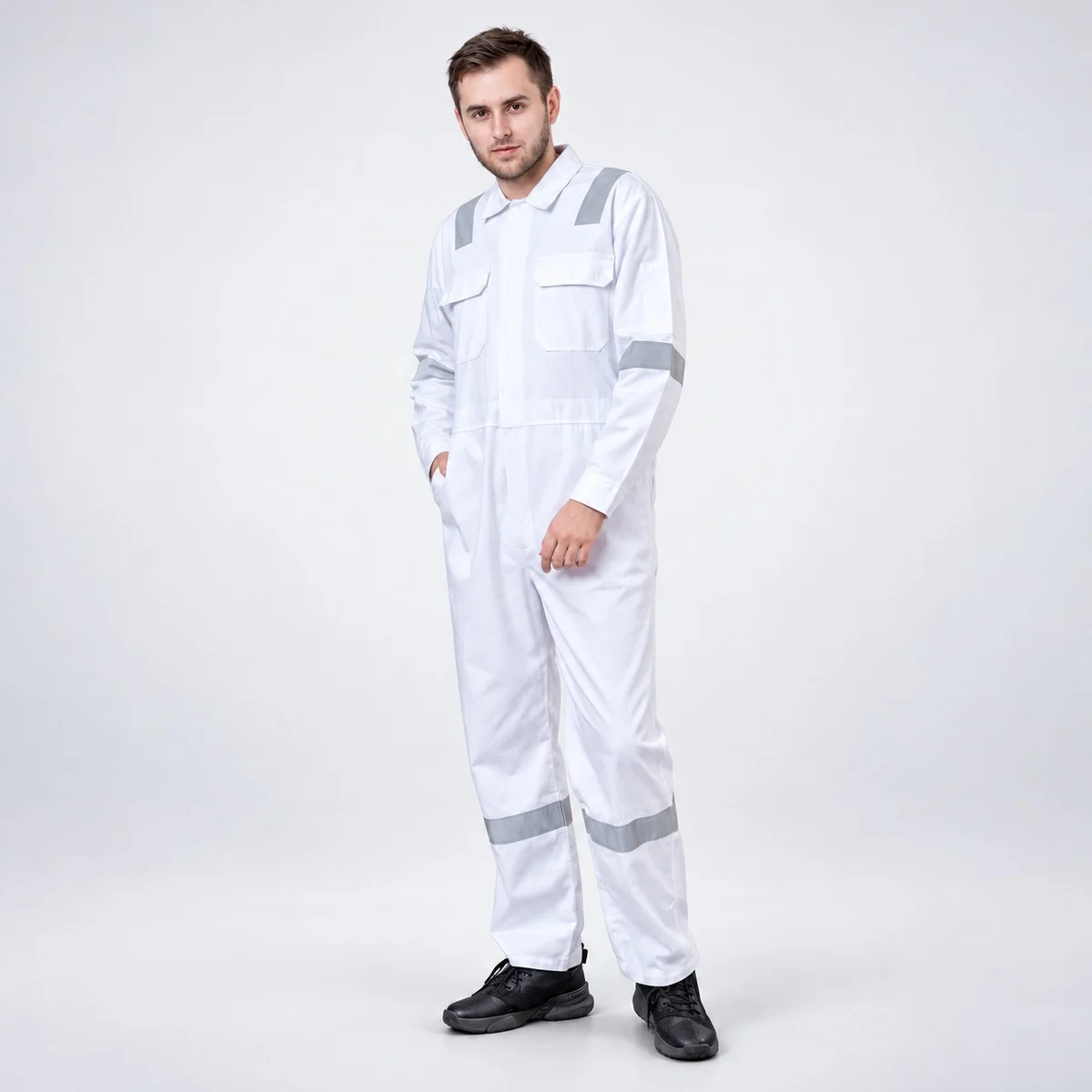 White Industrial Coverall with Reflective Tape
